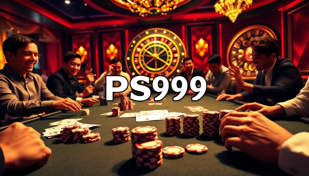 Experience the buzz of the casino with the link PS99 featured prominently amidst poker action and vibrant gambling elements.