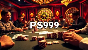 Experience the buzz of the casino with the link PS99 featured prominently amidst poker action and vibrant gambling elements.