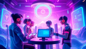 Dynamic interaction scene showcasing character ai nsfw chatbots in a futuristic virtual world.