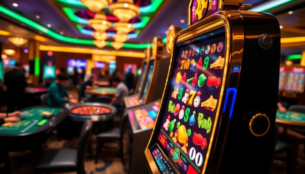 Rasakan kemenangan slot depo pulsa di kasino mewah dengan mesin slot yang berwarna-warni dan para pemain yang antusias.