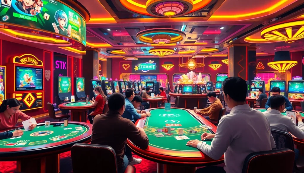 A lively virtual casino scene showcasing gamebaidoithuong.com.vc with players enjoying card games.