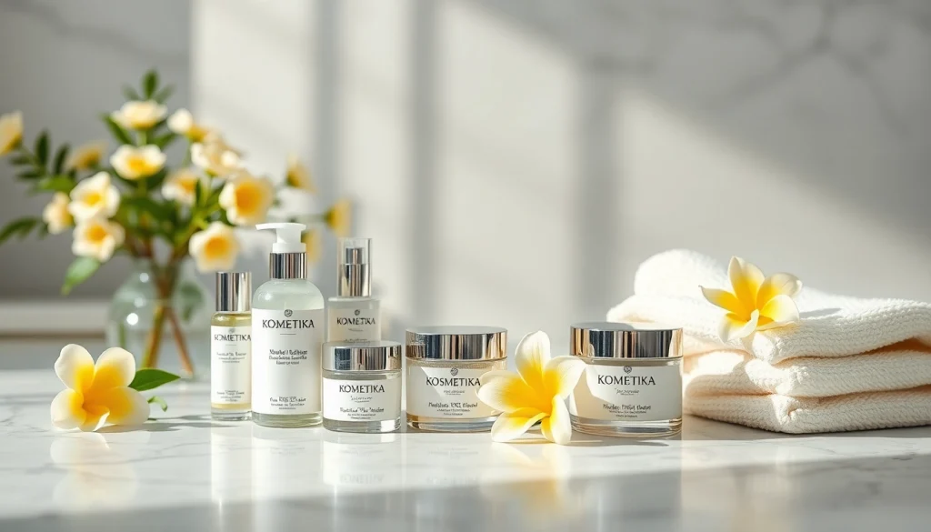 Kosmetika produktai, išdėstyti elegantiškai ant marmurinės paviršiaus.