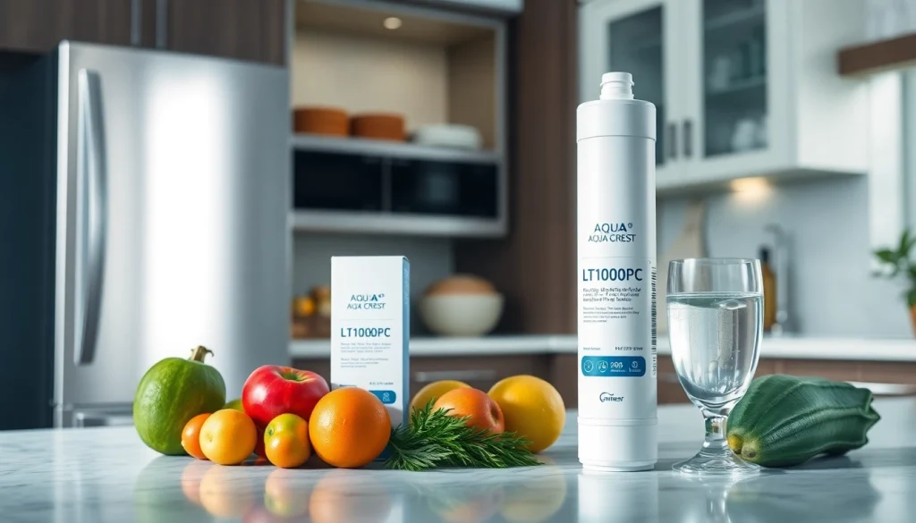 AQUA CREST LT1000PC ADQ747935 Refrigerator Water Filter and Air Filter displayed in a modern kitchen, emphasizing purity and advanced filtration.