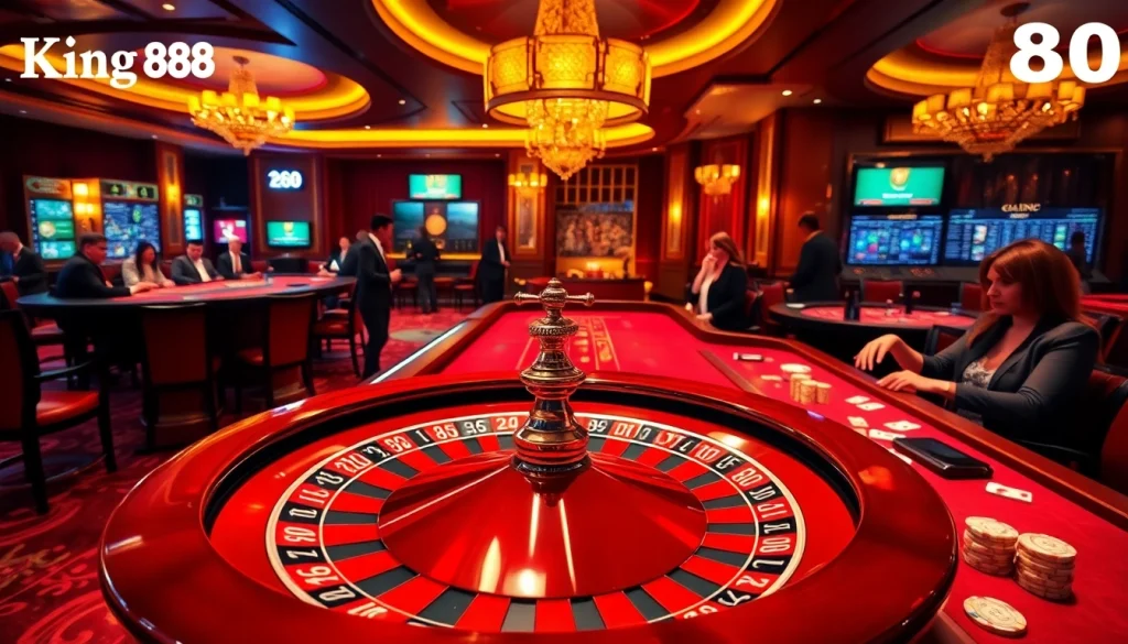 Players enjoy a thrilling poker game at king88's luxurious casino tables, surrounded by vibrant lights and excitement.