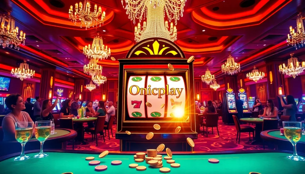 Players celebrating wins at Onicplay slot machines in a vibrant casino setting.