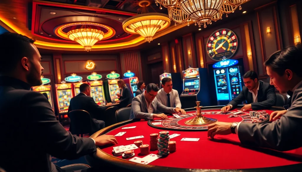 Exciting casino scene featuring 'link thabet' with players at a poker table surrounded by bright slot machines.