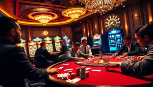 Exciting casino scene featuring 'link thabet' with players at a poker table surrounded by bright slot machines.