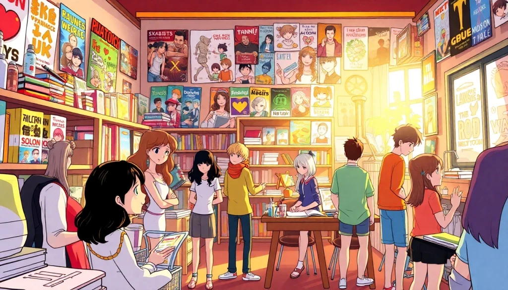 무료웹툰 다양한 장르의 캐릭터들이 있는 생생한 웹툰 도서관 모습