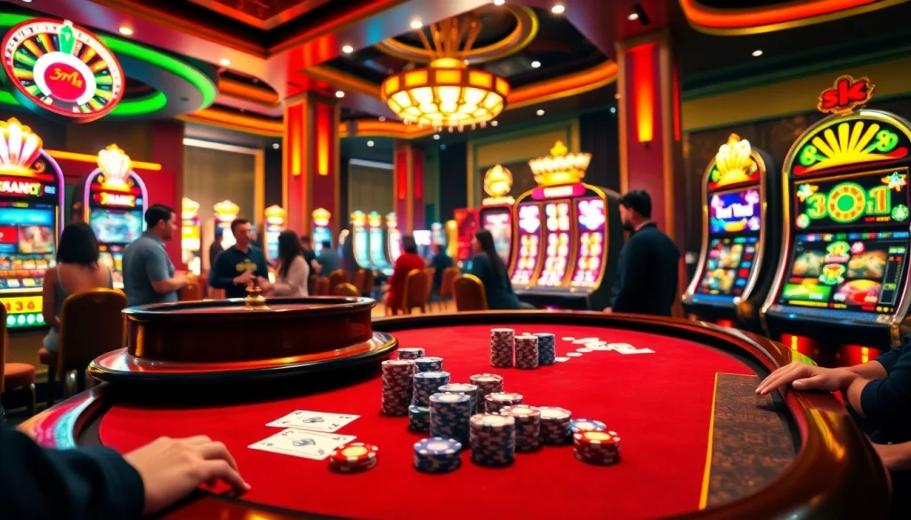 Engage with thrilling 388bet casino gaming featuring lush tables, poker chips, and vibrant slot machines.