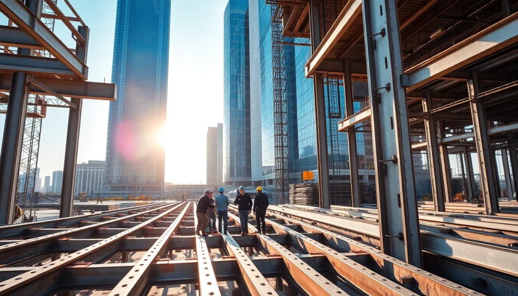 Workers engaged in structural steel construction, showcasing teamwork and precision.