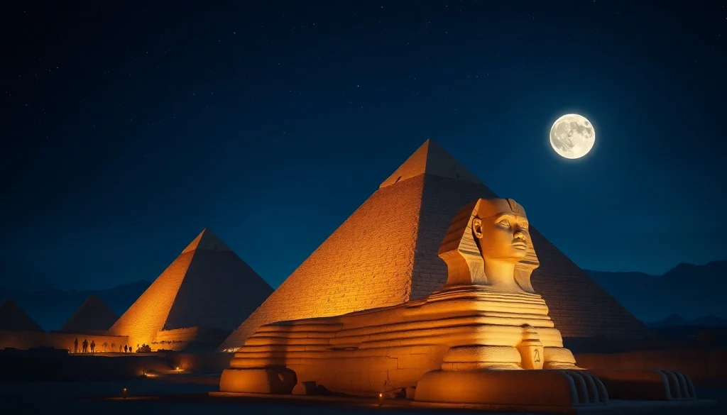 View of piraminds under a starry night with the Great Pyramid prominently illuminated.