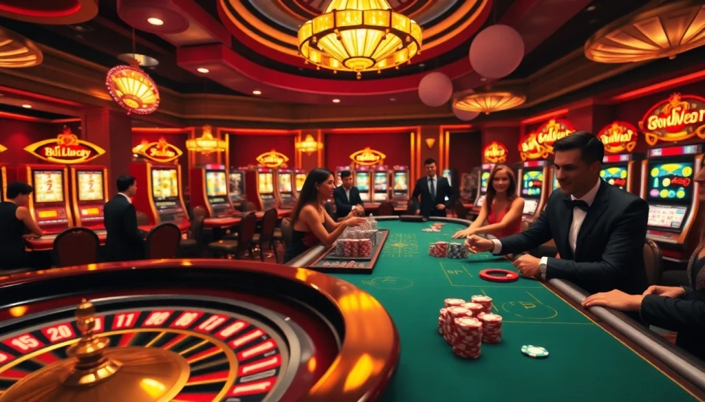 Experience the excitement of gambling at luck8 trang chủ with players engaging at a roulette wheel and poker table.