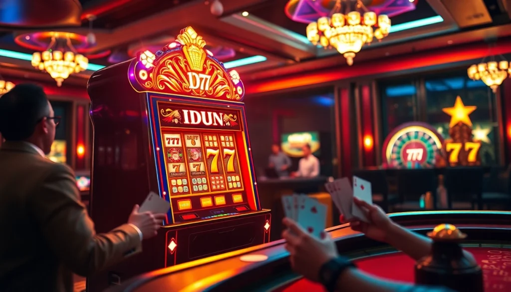 IDN Slot 777 players enjoying casino excitement at a lavish slot machine.