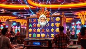 Putar gulungan Zeus Slot dalam suasana kasino mewah, dipenuhi kegembiraan dan lampu-lampu yang berwarna cerah.