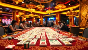 Mainkan Link Mahjong dengan semangat di latar kasino mewah yang menampilkan ubin Mahjong yang elegan.