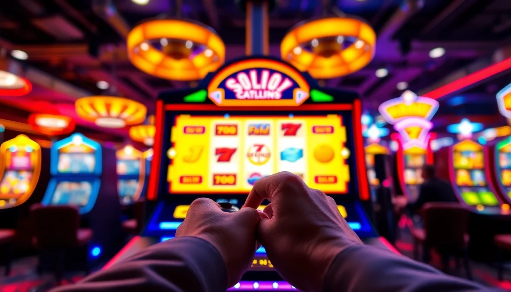 Permainan slot depo 1k dengan tampilan mesin slot yang cerah dan menarik di kasino.