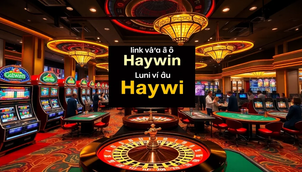 "Link vào Haywin" promotes excitement and engagement at a vibrant casino scene with players at various games.