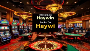"Link vào Haywin" promotes excitement and engagement at a vibrant casino scene with players at various games.
