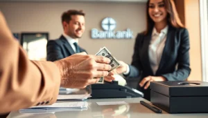 Proses deposit 1k dengan uang tunai di bank, menampilkan tangan yang melakukan transaksi.