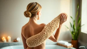 Using the best back loofah for a luxurious scrub experience in a serene bathroom.