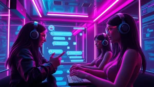 Engaging NSFW character AI chat interface with vibrant neon accents.