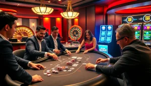 Players enjoying a high-stakes poker game at the luxurious Man88 casino table.