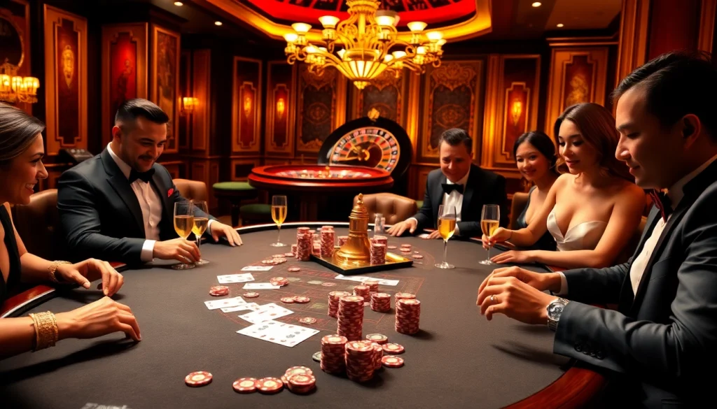 Players enjoying a luxurious poker game setup at trang chủ go8 casino, highlighting excitement and elegance.
