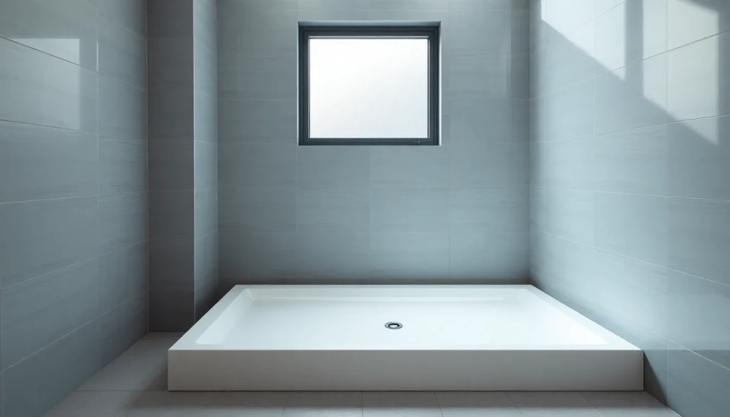 Showcase a sleek and modern shower base in a bright bathroom setting, emphasizing elegant design features.