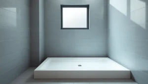 Showcase a sleek and modern shower base in a bright bathroom setting, emphasizing elegant design features.