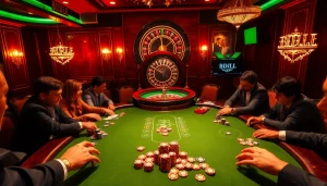 Engaging poker players at a vibrant BDJL casino table filled with colorful chips.
