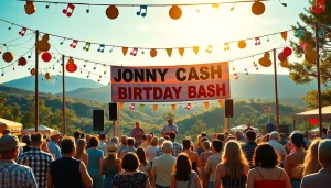 JohnnyCashBirthday.com event celebrating Johnny Cash with festive decorations and a lively audience