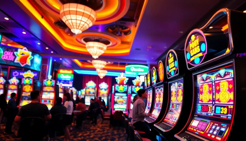 Permainan slot gacor yang menarik dengan suasana kasino yang cerah dan ramai.