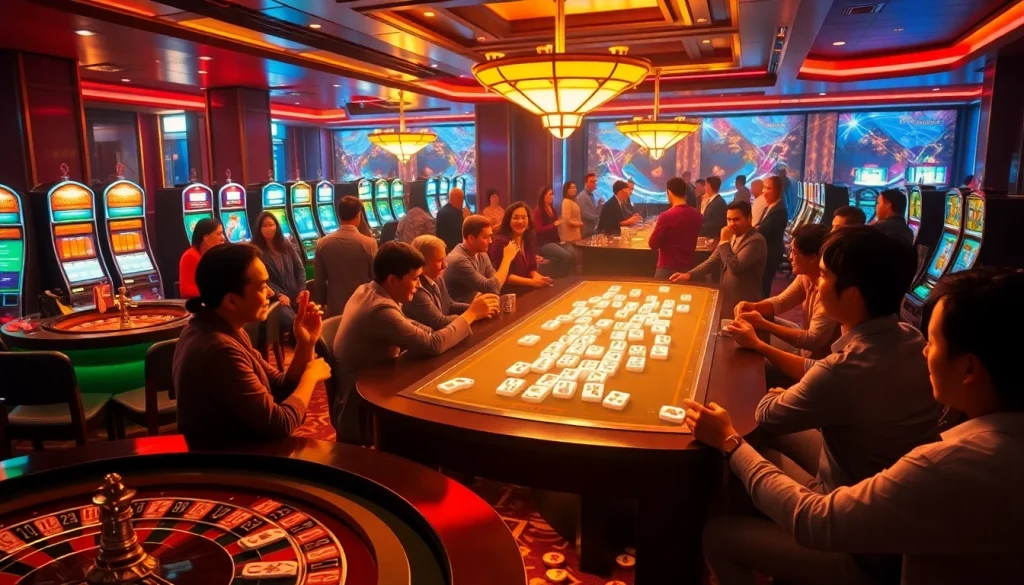Players engage in link mahjong strategy amid vibrant casino activities, including roulette and poker.