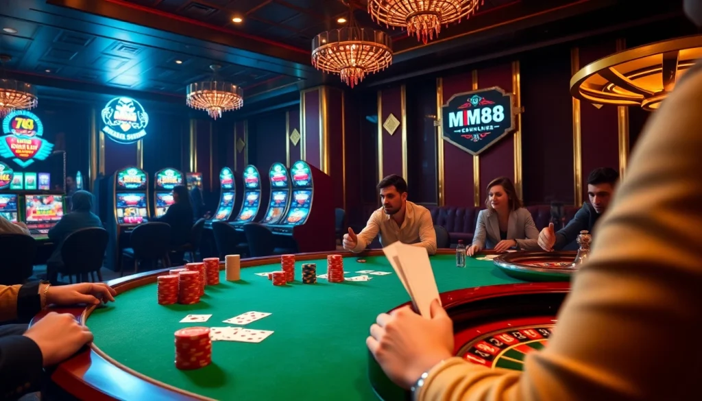 MM88 casino scene with poker table excitement and luxury slot machines lighting the atmosphere.