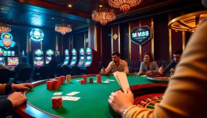 MM88 casino scene with poker table excitement and luxury slot machines lighting the atmosphere.