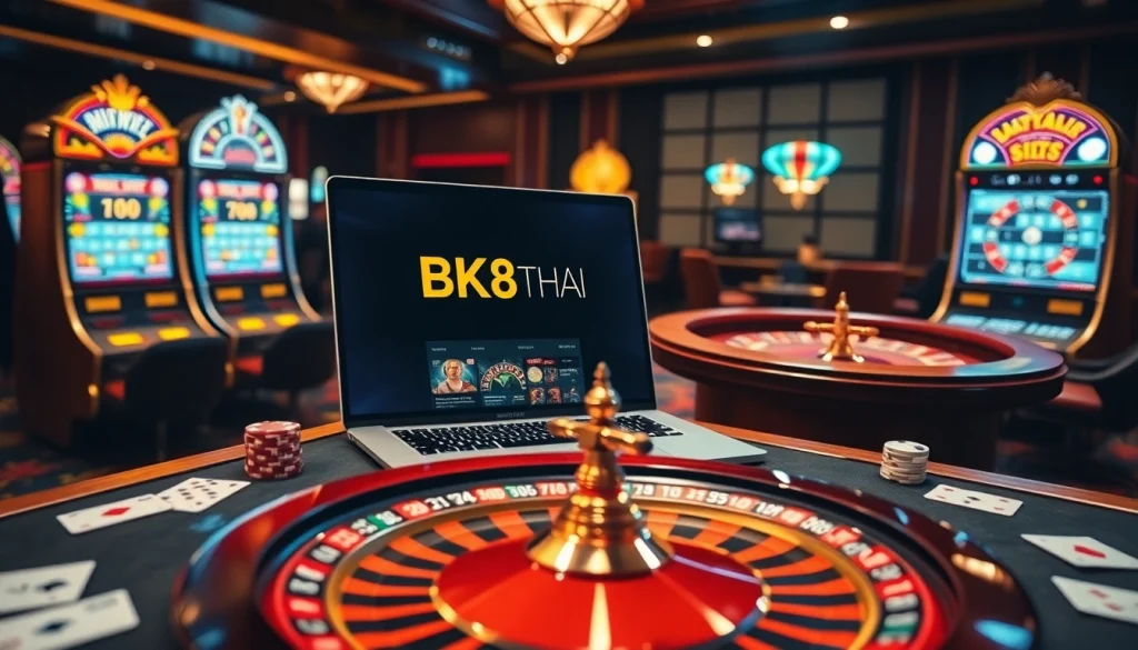 Experience the excitement of live gambling at BK8THAI with vibrant slot machines and roulette tables.