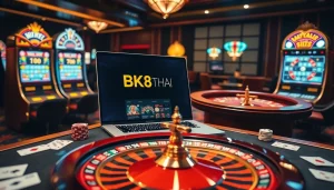 Experience the excitement of live gambling at BK8THAI with vibrant slot machines and roulette tables.