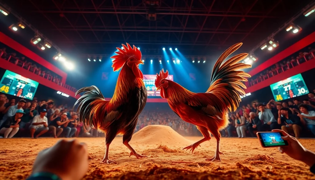 Exciting live cockfighting scene from sv368win.live, featuring intense competition and digital betting.