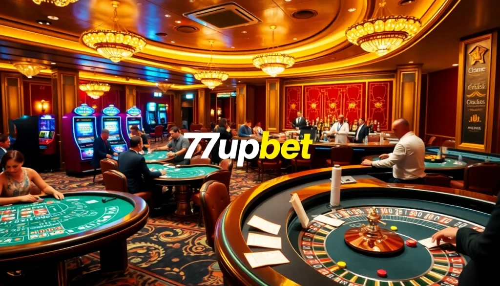Experience thrilling gameplay at 7upbet's luxurious casino with vibrant tables and engaged players.