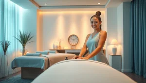 Relaxing 출장 massage setup with professional therapist in serene home atmosphere