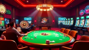 Adegan situs deposit 5k yang menampilkan meja poker, roda roulette, dan mesin slot