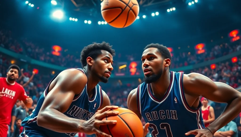 Players in an intense basketball game showcasing ผลบาสสด dynamics in a vibrant stadium.