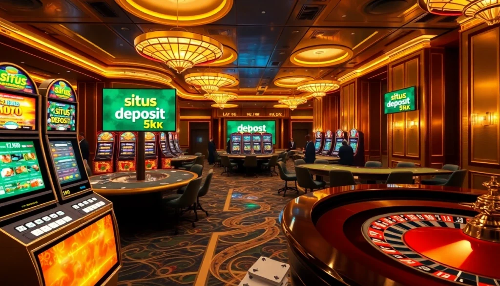 Situs deposit 5k casino scene showcasing vibrant slot machines and poker tables filled with players.