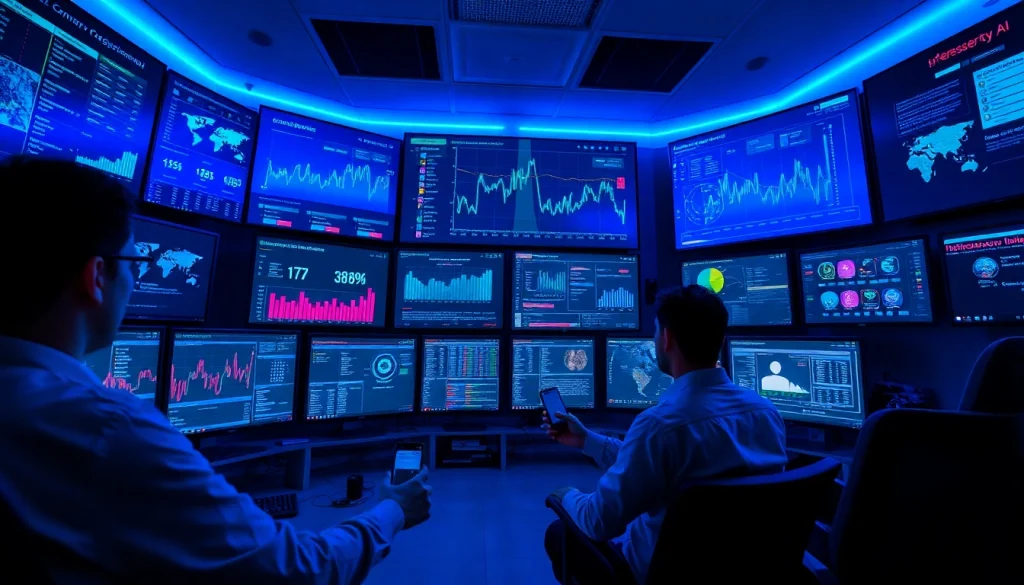Cybersecurity AI command center showcasing professionals analyzing real-time data and alerts.