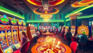 Rasakan sensasi slot depo pulsa bersama para pemain di mesin slot kasino yang dinamis, menggambarkan kegembiraan.