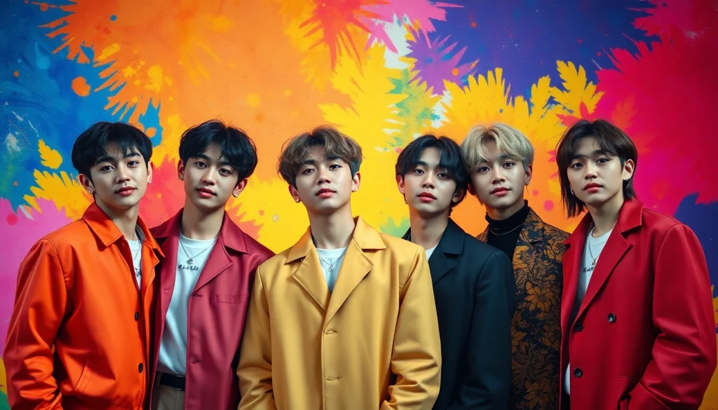 BTS members showcasing their unique styles and expressions in a vibrant setting.
