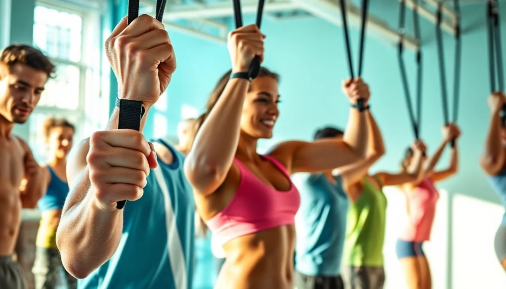 Athletes using pull-up resistance bands in a vibrant gym setting, showcasing strength and fitness.
