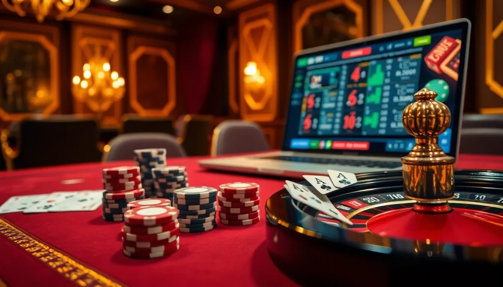 Tỷ số 7m showcasing an exciting casino scene featuring poker chips and a roulette wheel, enhancing the gambling experience.