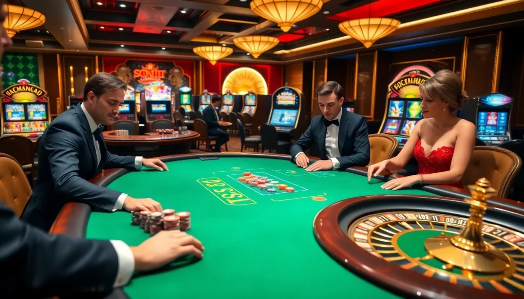 SODO casino players strategizing at an exciting roulette table in a vibrant atmosphere.