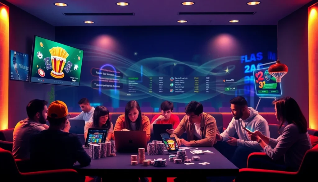 Engaging scene of players using vin777.gb.net for online gambling with vibrant casino elements.